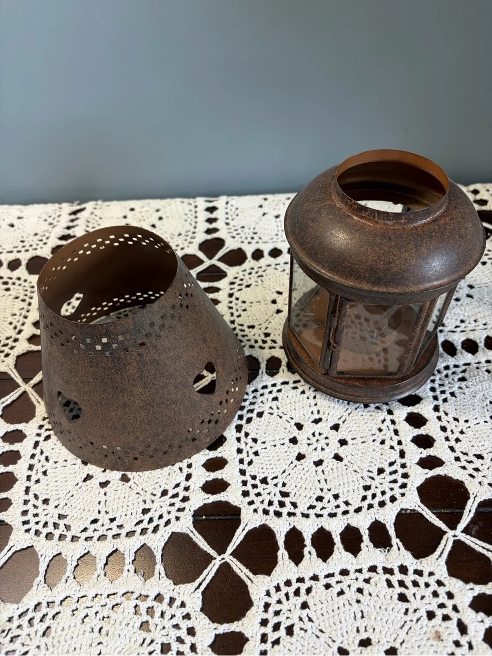 Rust-Tone Heart Cutout Hurricane Style Hinged Glass Table Lantern Candle Holder